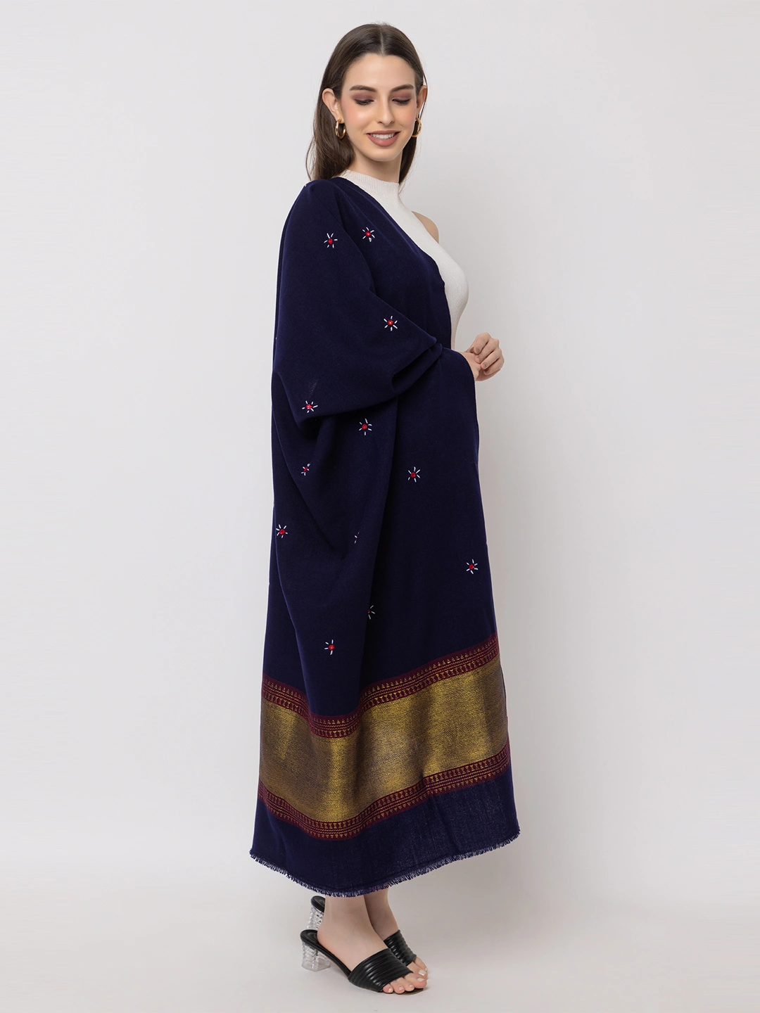 KUTCH  Hand ZARI Embroidery Mirror Work BLUE Woolen Shawl-1