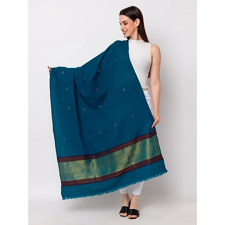 KUTCH  Hand ZARI Embroidery Mirror Work TEAL Woolen Shawl-ZARI1-TEAL