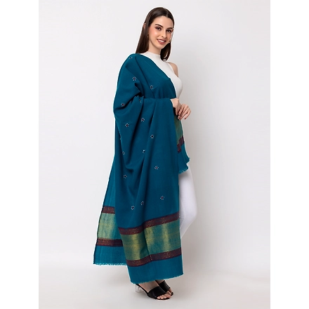 KUTCH  Hand ZARI Embroidery Mirror Work TEAL Woolen Shawl-1