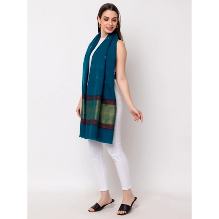 KUTCH  Hand ZARI Embroidery Mirror Work TEAL Woolen Shawl-2