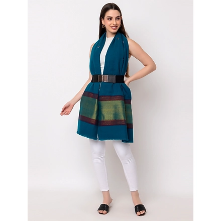 KUTCH  Hand ZARI Embroidery Mirror Work TEAL Woolen Shawl-3