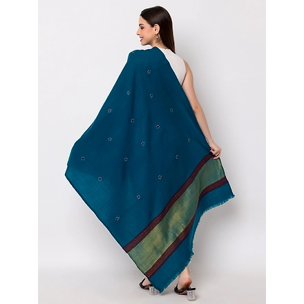 KUTCH  Hand ZARI Embroidery Mirror Work TEAL Woolen Shawl-4