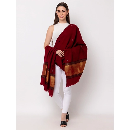KUTCH  Hand Embroidery Mirror Work MEHROON Woolen Shawl-1