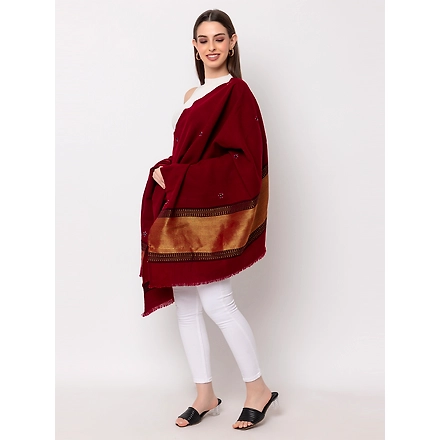 KUTCH  Hand Embroidery Mirror Work MEHROON Woolen Shawl-2