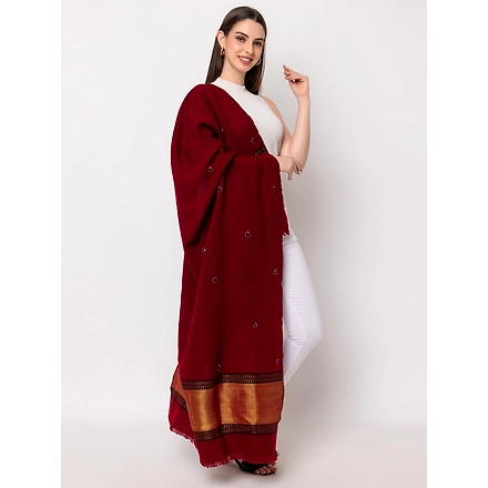 KUTCH  Hand Embroidery Mirror Work MEHROON Woolen Shawl-ZARI1-MEHROON