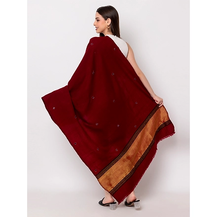 KUTCH  Hand Embroidery Mirror Work MEHROON Woolen Shawl-3