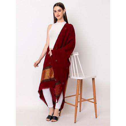 KUTCH  Hand Embroidery Mirror Work MEHROON Woolen Shawl-4