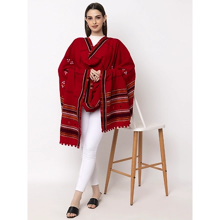 KUTCH  Hand Embroidery Mirror Work RED Woolen Shawl-DISCO-RED