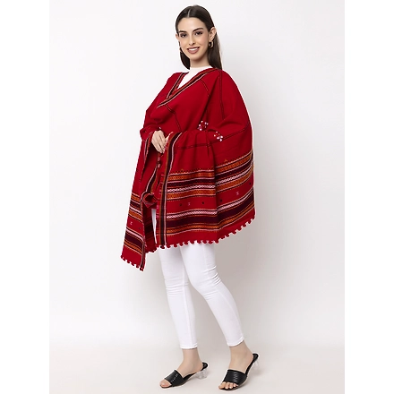 KUTCH  Hand Embroidery Mirror Work RED Woolen Shawl-1