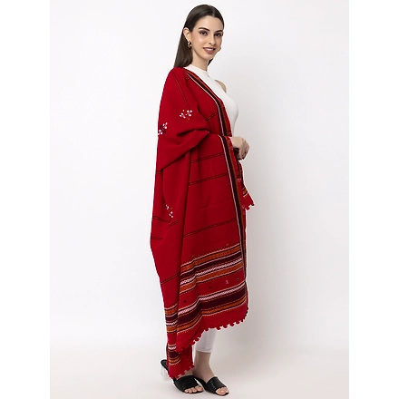 KUTCH  Hand Embroidery Mirror Work RED Woolen Shawl-3