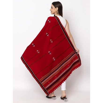 KUTCH  Hand Embroidery Mirror Work RED Woolen Shawl-4