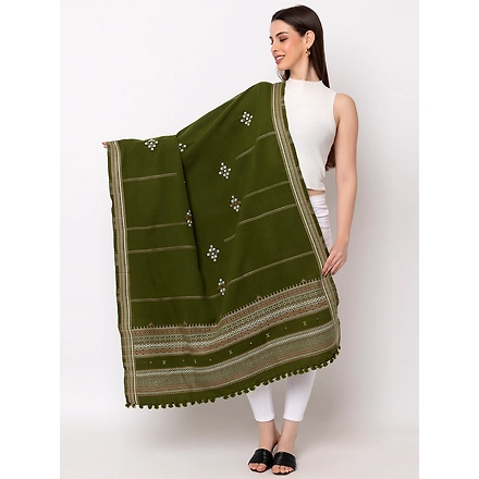KUTCH  Hand Embroidery Mirror Work OLIVE Woolen Shawl-DISCO-OLIVE