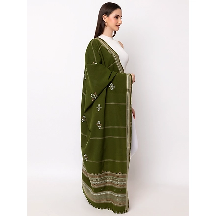 KUTCH  Hand Embroidery Mirror Work OLIVE Woolen Shawl-1