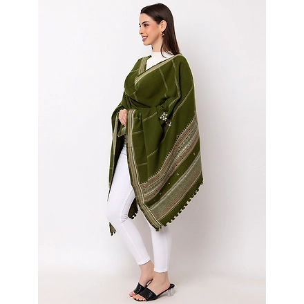 KUTCH  Hand Embroidery Mirror Work OLIVE Woolen Shawl-3