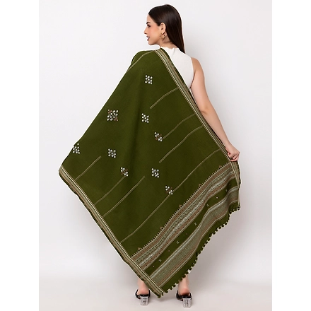 KUTCH  Hand Embroidery Mirror Work OLIVE Woolen Shawl-4