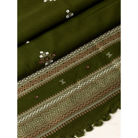 KUTCH  Hand Embroidery Mirror Work OLIVE Woolen Shawl-5