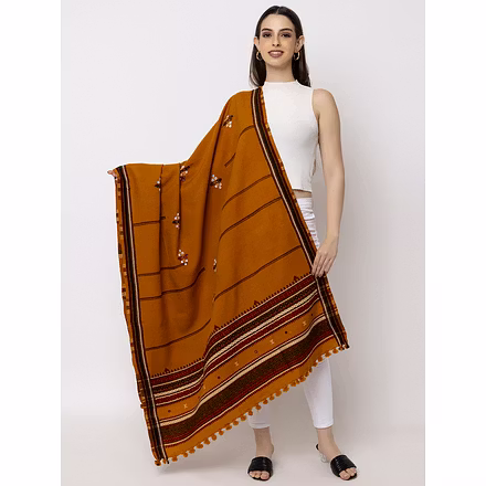 KUTCH  Hand Embroidery Mirror Work MUSTARD Woolen Shawl-DISCO-MUSTARD