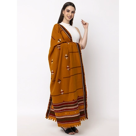 KUTCH  Hand Embroidery Mirror Work MUSTARD Woolen Shawl-1