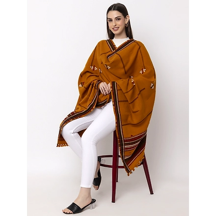 KUTCH  Hand Embroidery Mirror Work MUSTARD Woolen Shawl-3