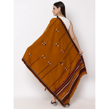 KUTCH  Hand Embroidery Mirror Work MUSTARD Woolen Shawl-4