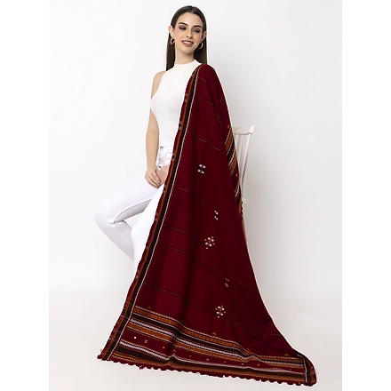 KUTCH  Hand Embroidery Mirror Work MEHROON Woolen Shawl-DISCO-MEHROON