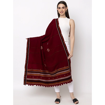 KUTCH  Hand Embroidery Mirror Work MEHROON Woolen Shawl-1