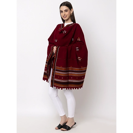 KUTCH  Hand Embroidery Mirror Work MEHROON Woolen Shawl-2