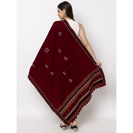 KUTCH  Hand Embroidery Mirror Work MEHROON Woolen Shawl-3