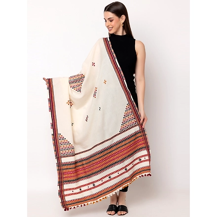 KUTCH  Hand Embroidery Mirror Work WHITE Woolen Shawl-CORNER1-WHITE