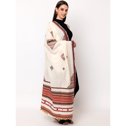 KUTCH  Hand Embroidery Mirror Work WHITE Woolen Shawl-1