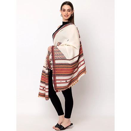 KUTCH  Hand Embroidery Mirror Work WHITE Woolen Shawl-2