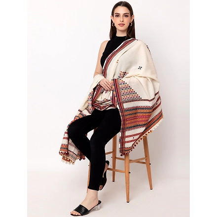 KUTCH  Hand Embroidery Mirror Work WHITE Woolen Shawl-3