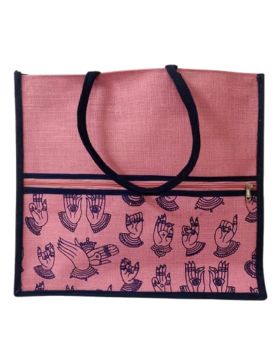 Handcrafted Pink Jute Tote Bag-JB-HP-PNK-MED-001