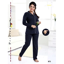 Premium Ladies Front Open Shirt Pajama Full Sleeves Night Suit Design No. 671