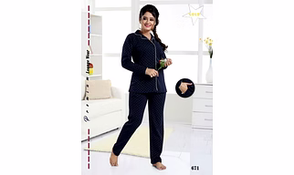 Premium Ladies Front Open Shirt Pajama Full Sleeves Night Suit Design No. 671