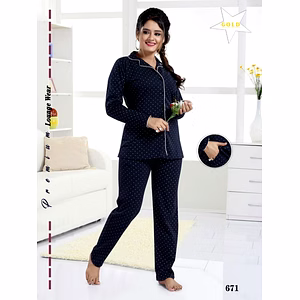 Premium Ladies Front Open Shirt Pajama Full Sleeves Night Suit Design No. 671