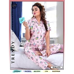 Premium Lounge Wear Indian Satin Women Front Open Shirt & Pajama Night Suit Design No. 475