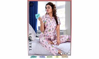Premium Lounge Wear Indian Satin Women Front Open Shirt & Pajama Night Suit Design No. 475