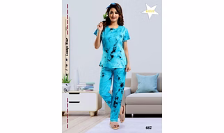 Premium Ladies Rayon Tie Dye Front Open Shirt Pajama Night Suit Design No. 657