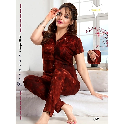 Premium Ladies Rayon Tie Dye Front Open Shirt Pajama Night Suit Design No. 652