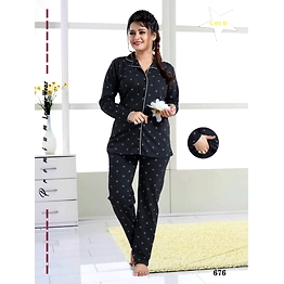 Premium Ladies Front Open Shirt Pajama Full Sleeves Night Suit Design No. 676
