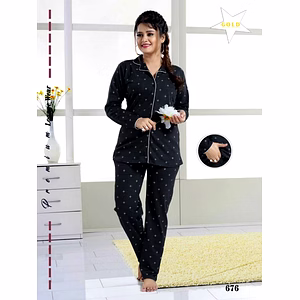 Premium Ladies Front Open Shirt Pajama Full Sleeves Night Suit Design No. 676