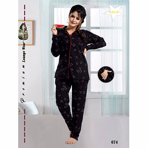 Premium Ladies Front Open Shirt Pajama Full Sleeves Night Suit Design No. 674