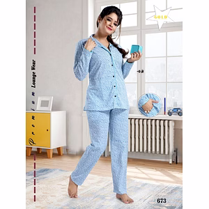 Premium Ladies Front Open Shirt Pajama Full Sleeves Night Suit Design No. 673