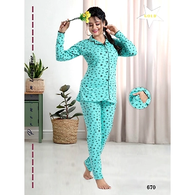 Premium Ladies Front Open Shirt Pajama Full Sleeves Night Suit Design No. 670
