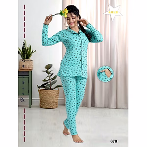 Premium Ladies Front Open Shirt Pajama Full Sleeves Night Suit Design No. 670