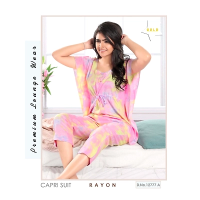 Premium Ladies Rayon Kaftan Capri Night Suit Design No. 12777A