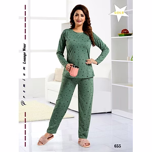 Premium Ladies Hosiery T-shirt Pajama Full Sleeves Night Suit Design No. 655