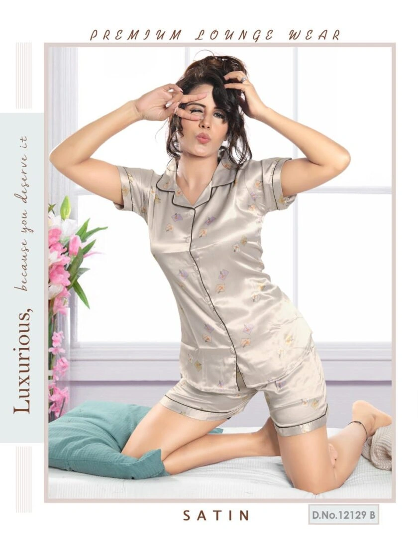 Premium Lounge Wear Ladies Satin Night Suit Shorts Design No -PL359