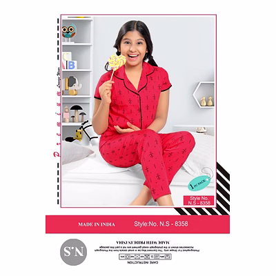 premium lounge wear kids girl shirt & pajama night suit design no. 8358